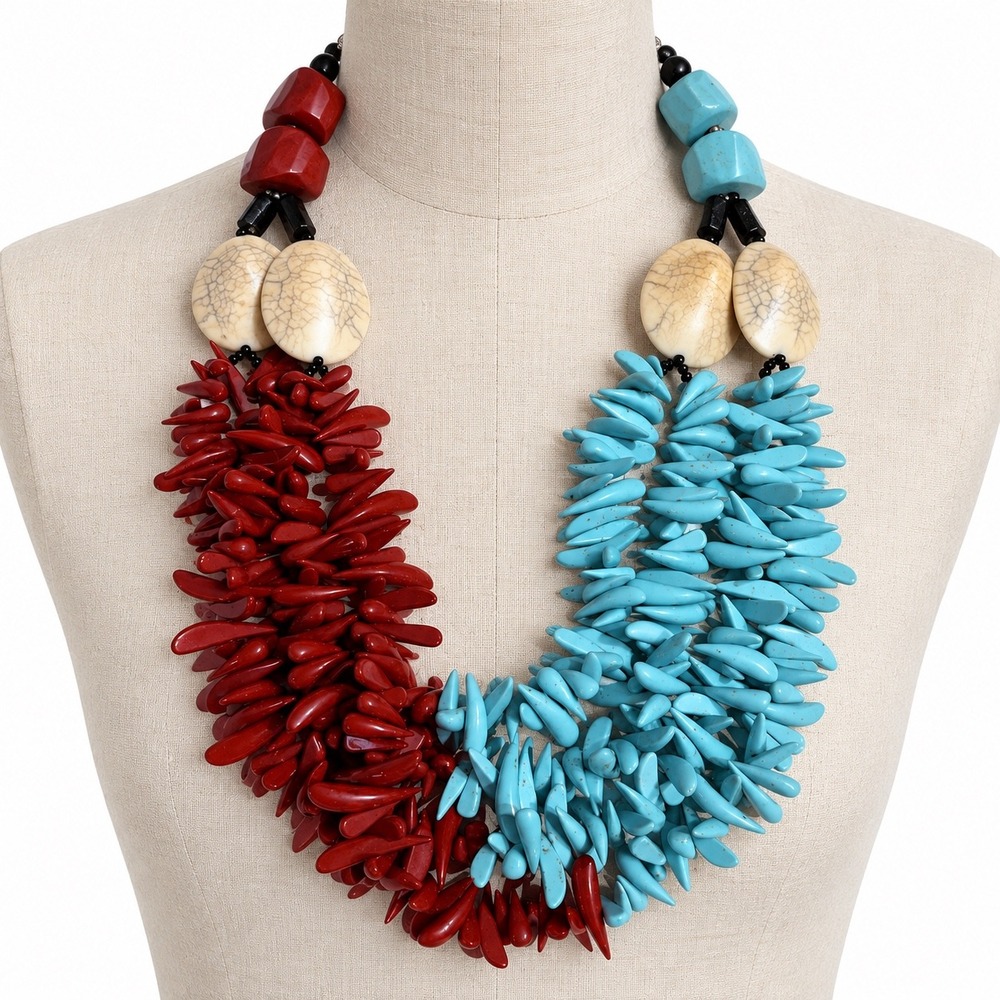 Vintage Faux Stone Multi Strand Bib Necklace Red Turquoise Cream Statement